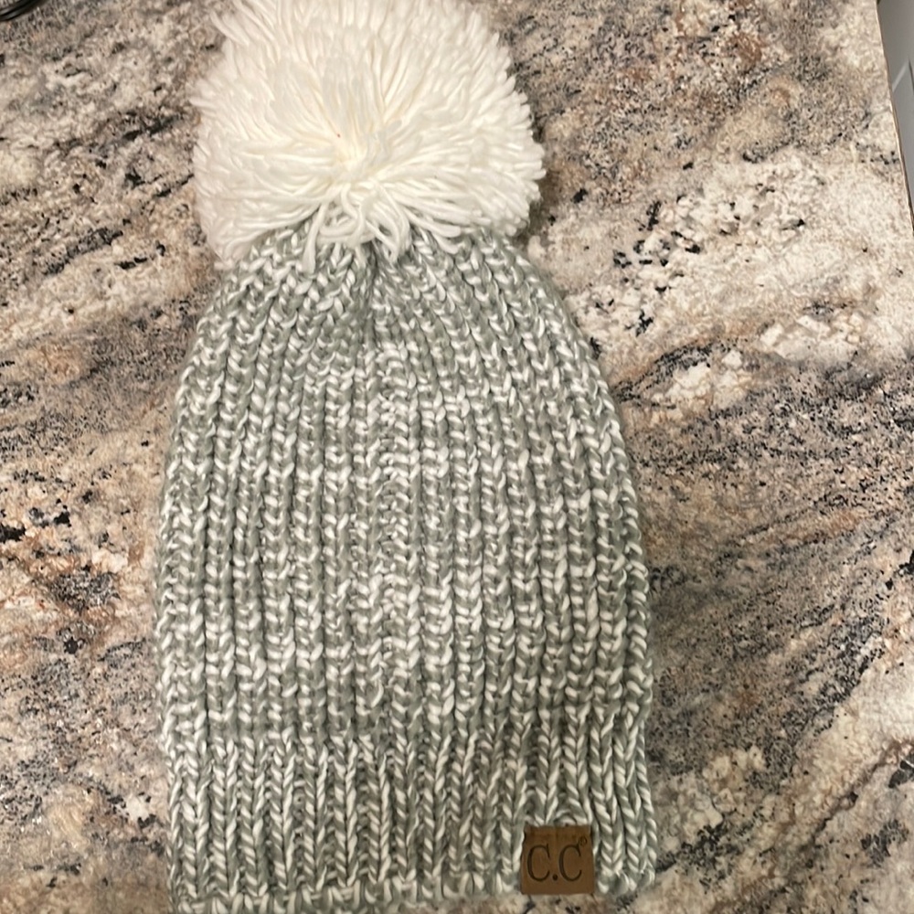 Grey and White Pom C.C. Beanie